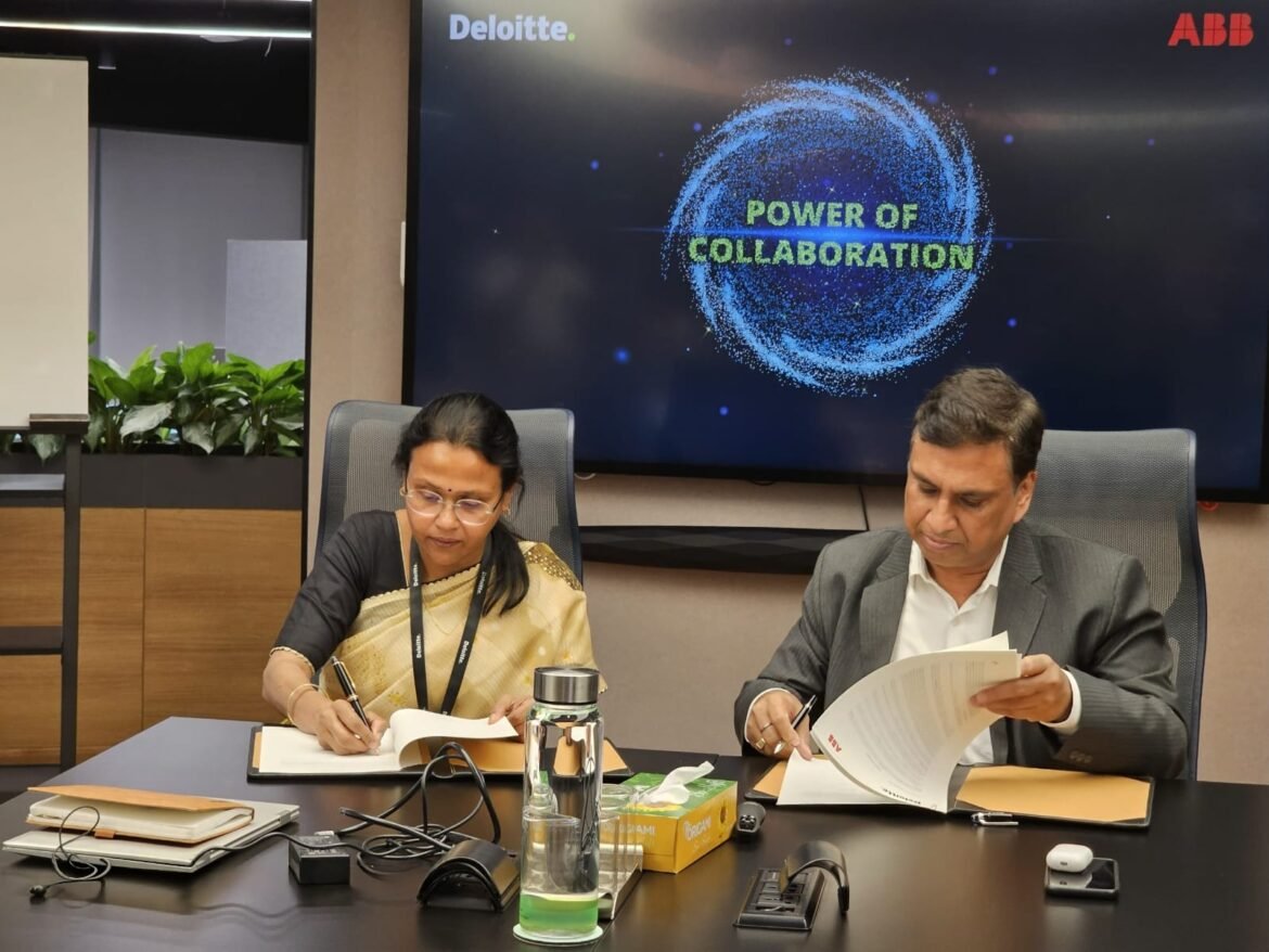 ABB India and Deloitte India alliance announcement, executives shaking hands, digital transformation partnership visual, AI automation and cybersecurity collaboration, industrial automation technology showcase, smart manufacturing India concept