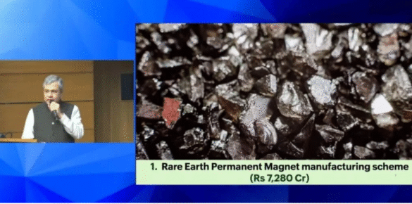The Indian government announces a ₹7,280-crore plan to develop domestic rare earth magnet manufacturing and support EV, defence, and electronics sectors.