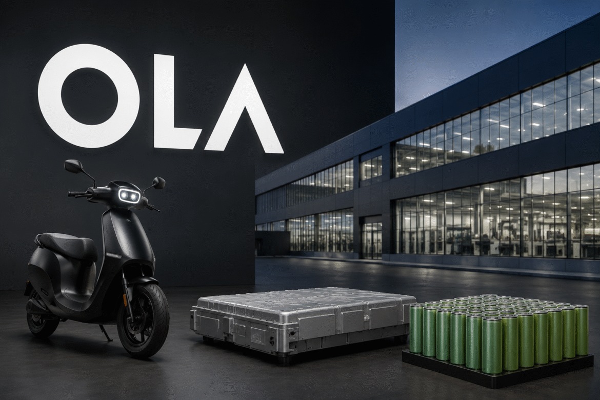 Ola Electric EV scooter with battery pack representing investment in EV and cell manufacturing subsidiaries