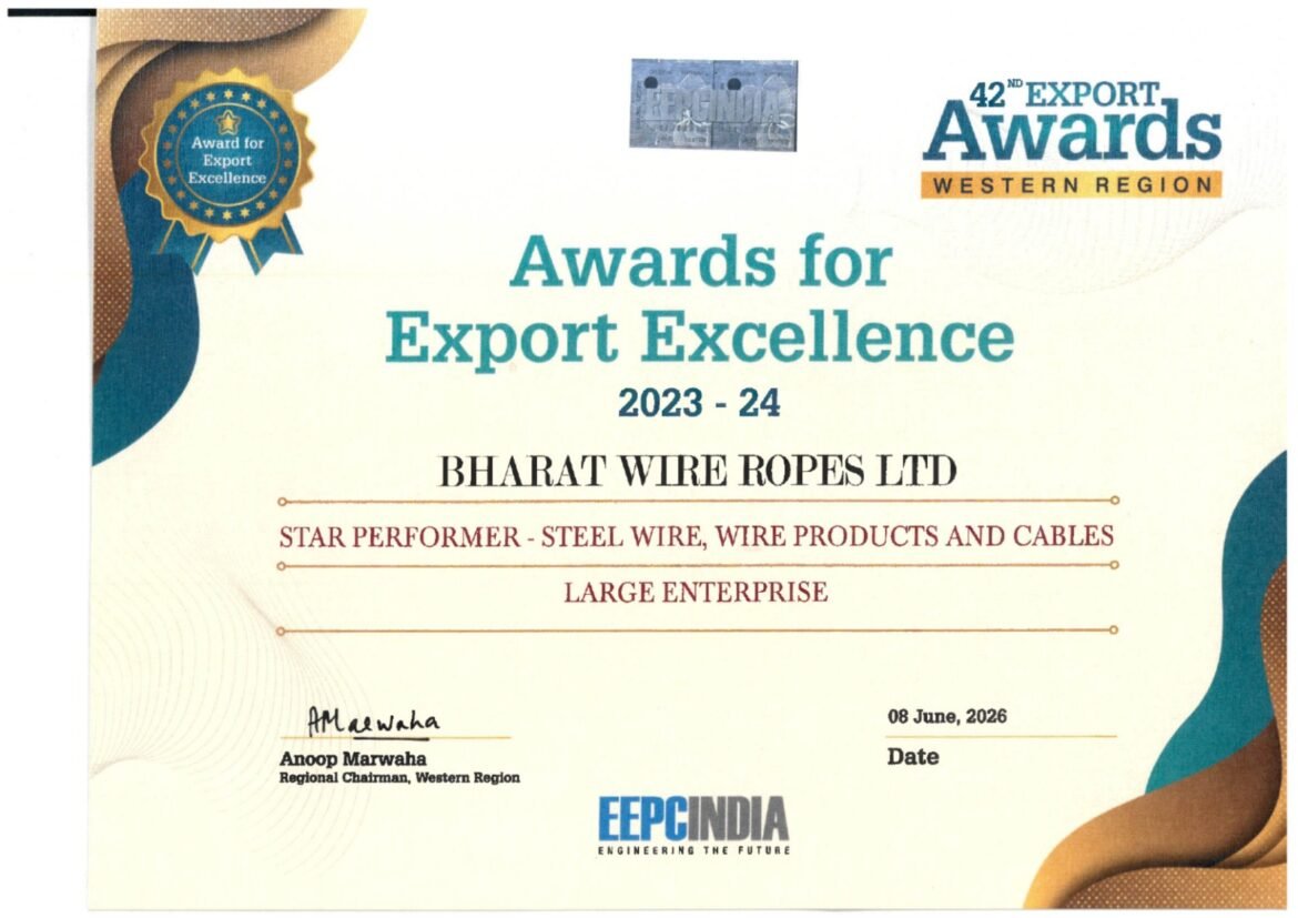 Bharat Wire Ropes Receives EEPC India Western Region Export Excellence Award for FY24